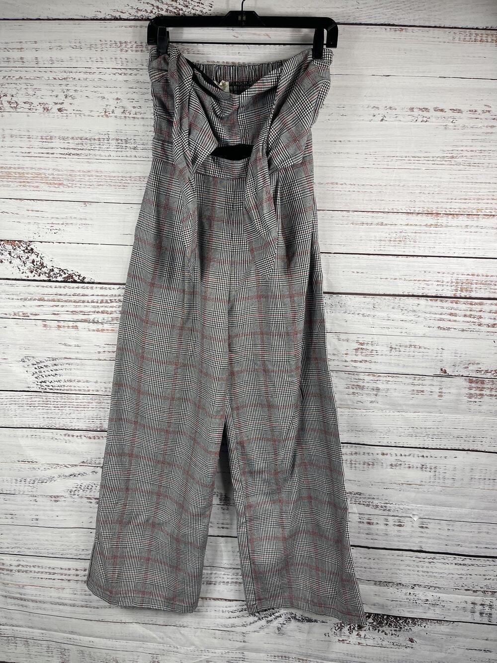 Main Strip Pants Women's SZ M Gray Plaid Wide Leg High Rise Smocked Waist
